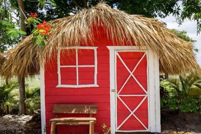 Small red wooden Minerva Private home with straw roof